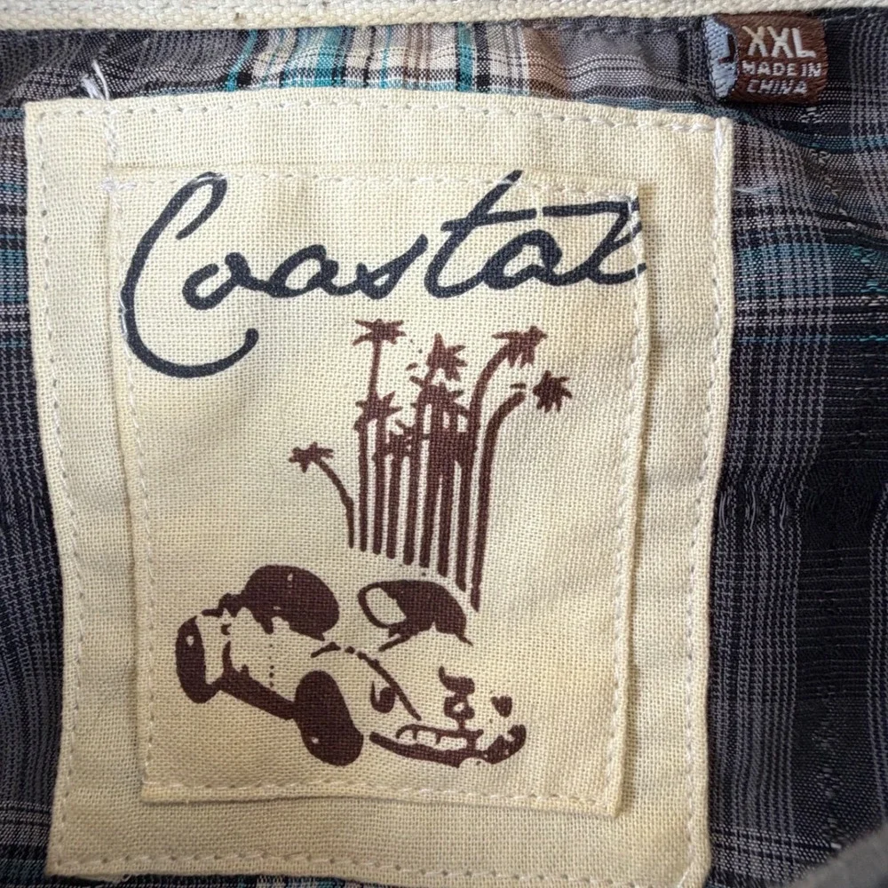 Coastal Mens XXL Short Sleeve‎ Western Plaid Pearl Snap Shirt Grey Teal Brown